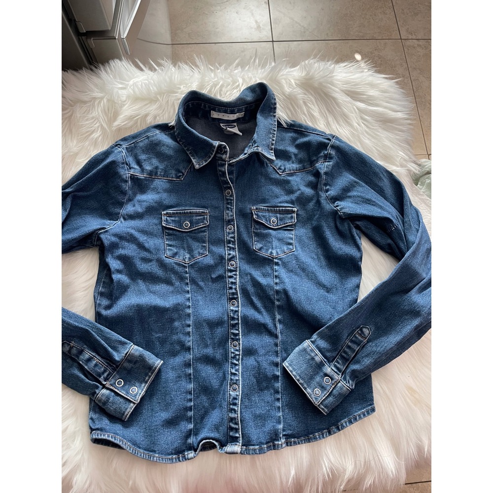 Old Navy Girls Stretch Denim Blue Button Up Shirt Long Sleeve Size 16 Used